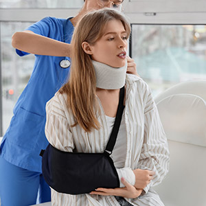 Injured woman in a neck brace and arm sling; personal injury lawyer services in San Antonio, Texas.